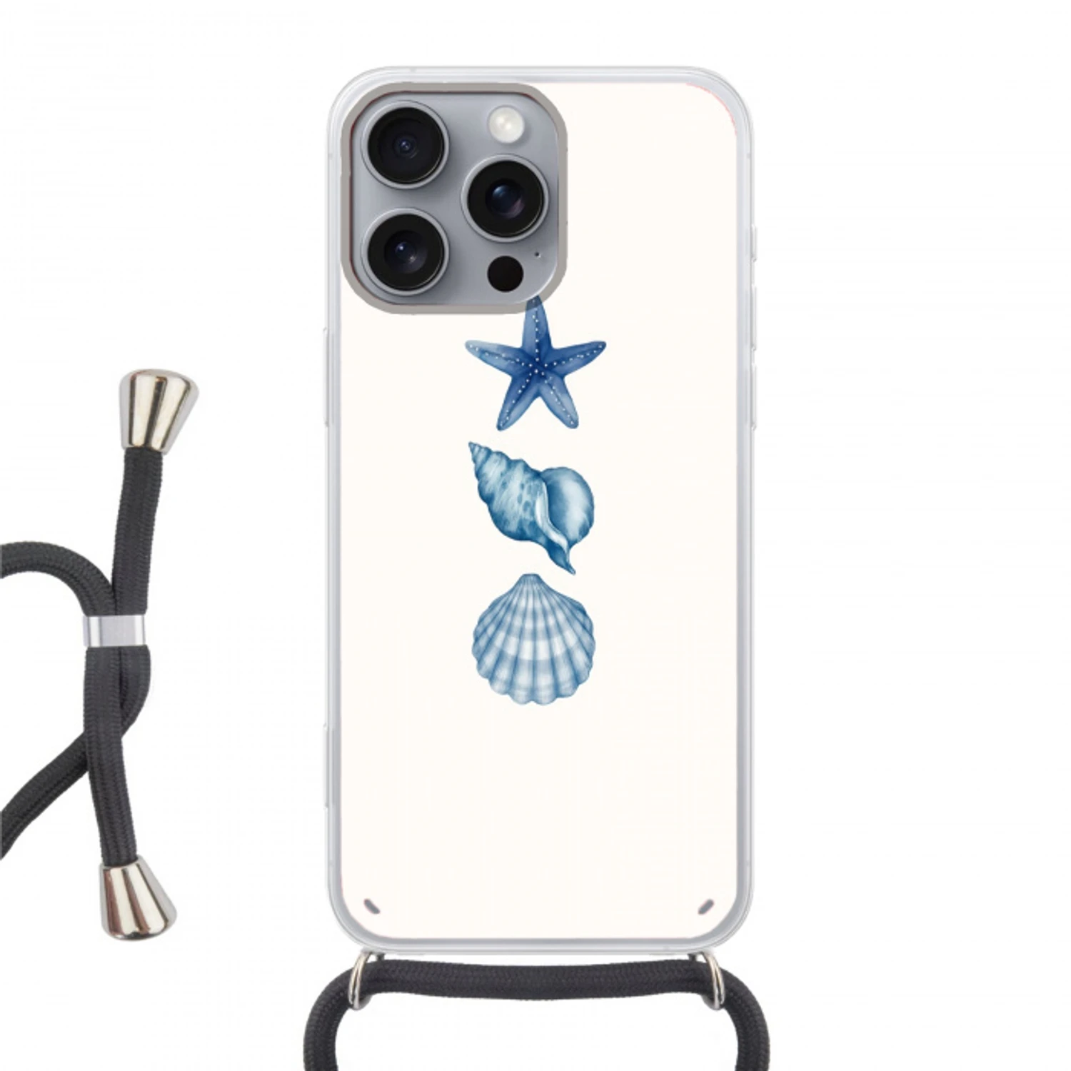 Zeester - Schelpen - Blauw Hoesje iPhone 16 Pro Max met koord klein -3d