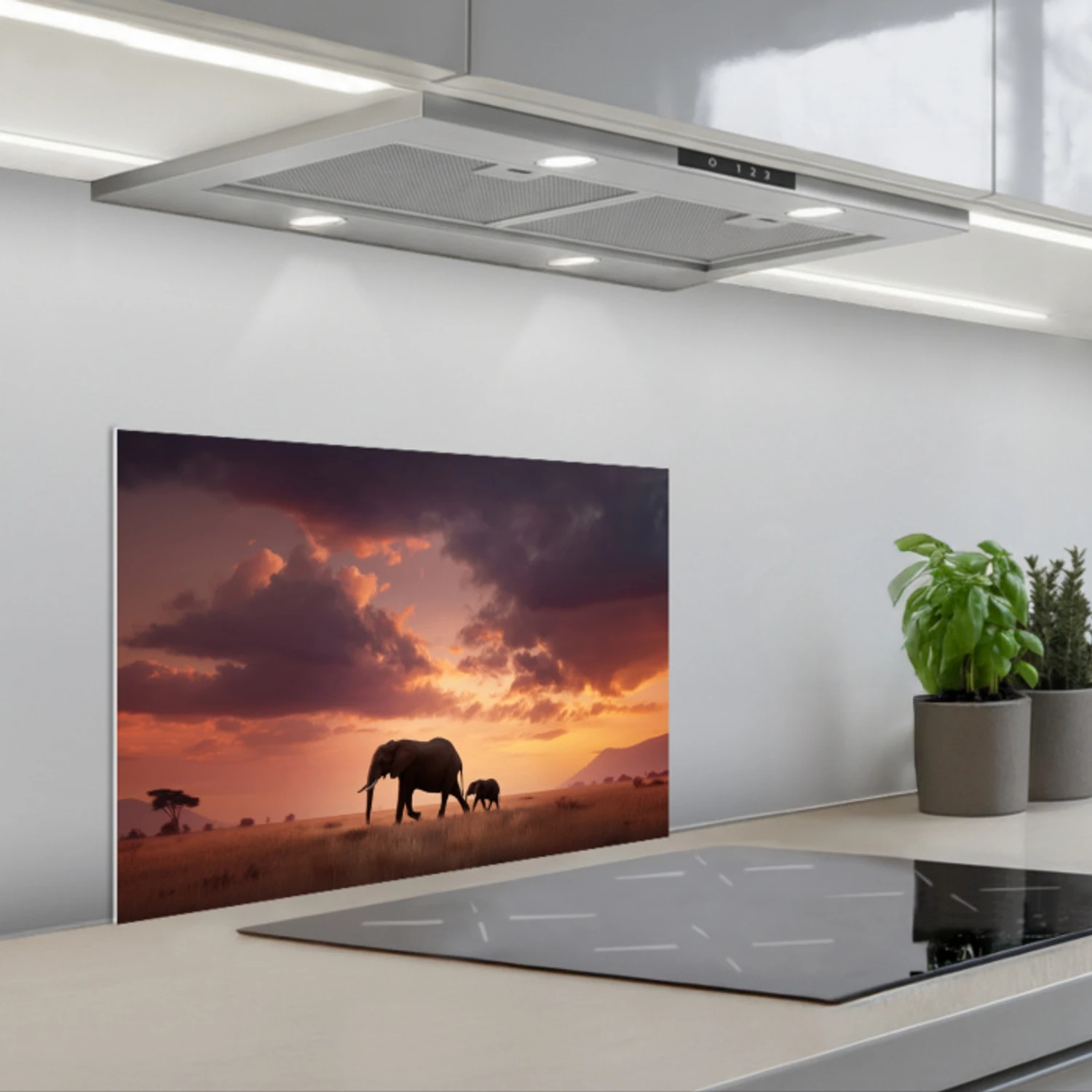 Olifanten - Grasland - Zonsondergang keuken achterwand spatscherm klein -3d_schuin