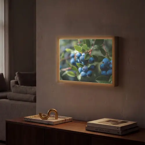 Blauwe bessen - Dauwdruppels - Natuurlijk licht Light Box met batterij (Wandlamp) middel -sfeer1