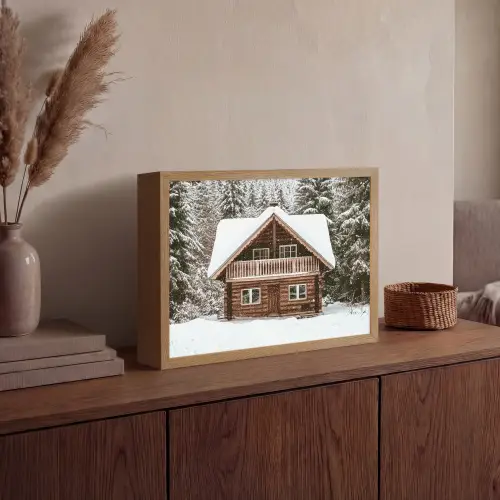 Huis - Bos - Winter - Natuur - Sneeuw Light Box met batterij (Wandlamp) middel -sfeer2