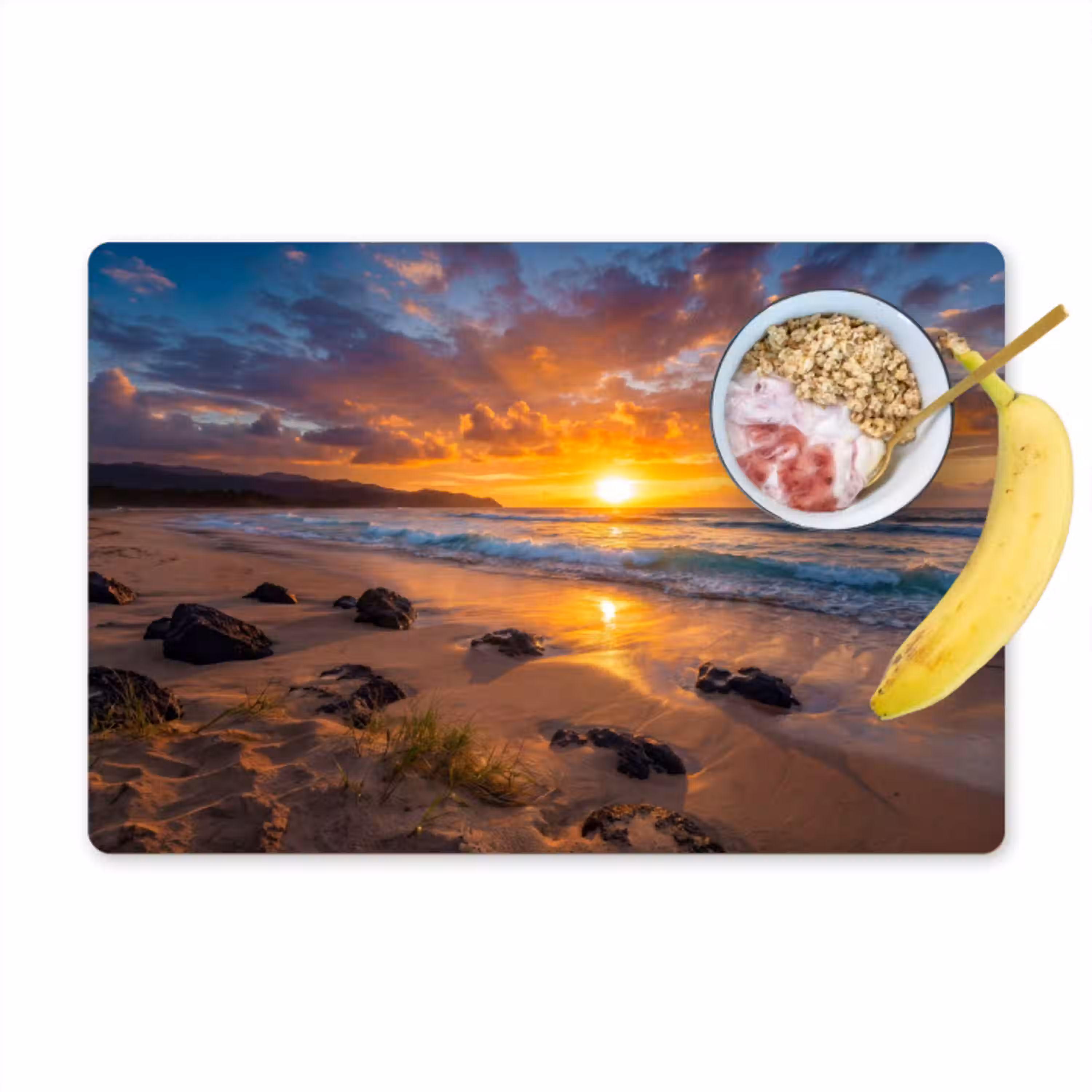 Strand - Zonsondergang - Golven - Natuur - Oranje Placemat vinyl groot -zzzproduct_Kitchenyeah-website