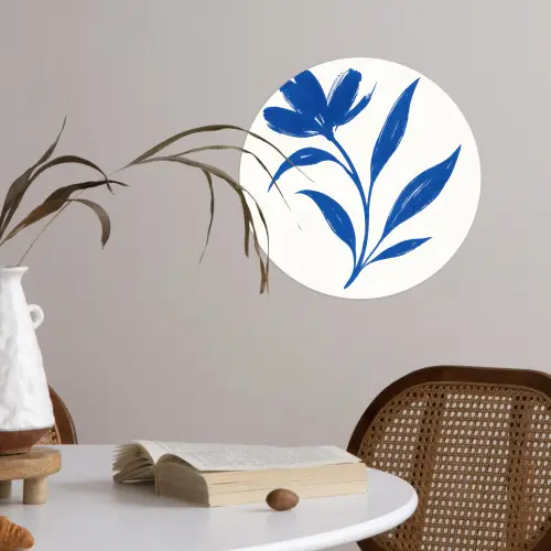 Bloem - Blaadjes - Minimalistisch - Blauw Wandcirkel behangsticker klein -sfeer3