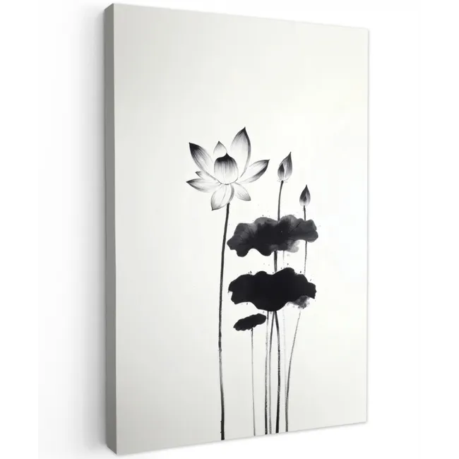 Bladeren - Zwart - Lotusbloem - Minimalitisch Tuinposter op houten frame 2 cm dik klein -3d