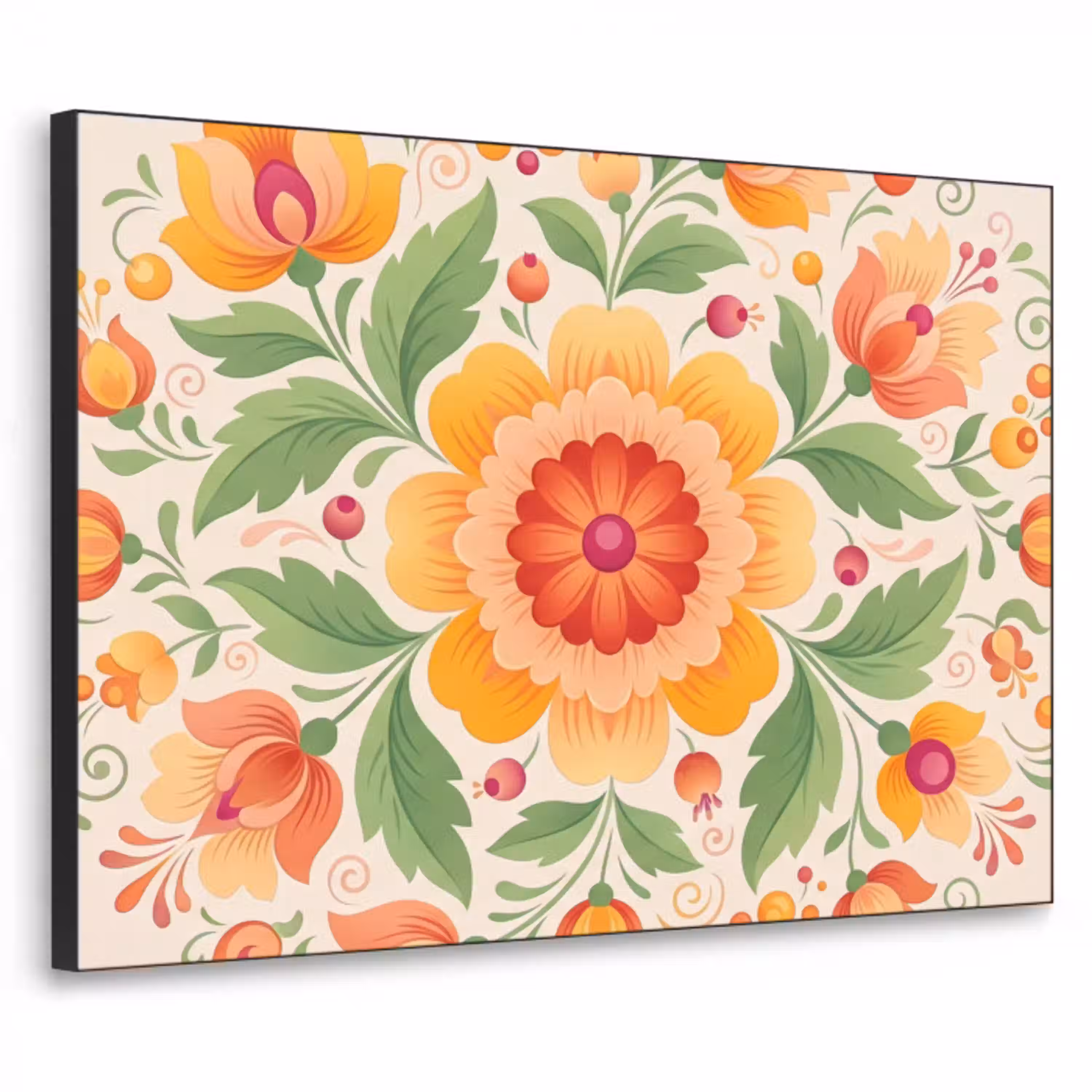 Bloemen - Patroon - Decoratief - Oranje Textielframe zwart klein -3d