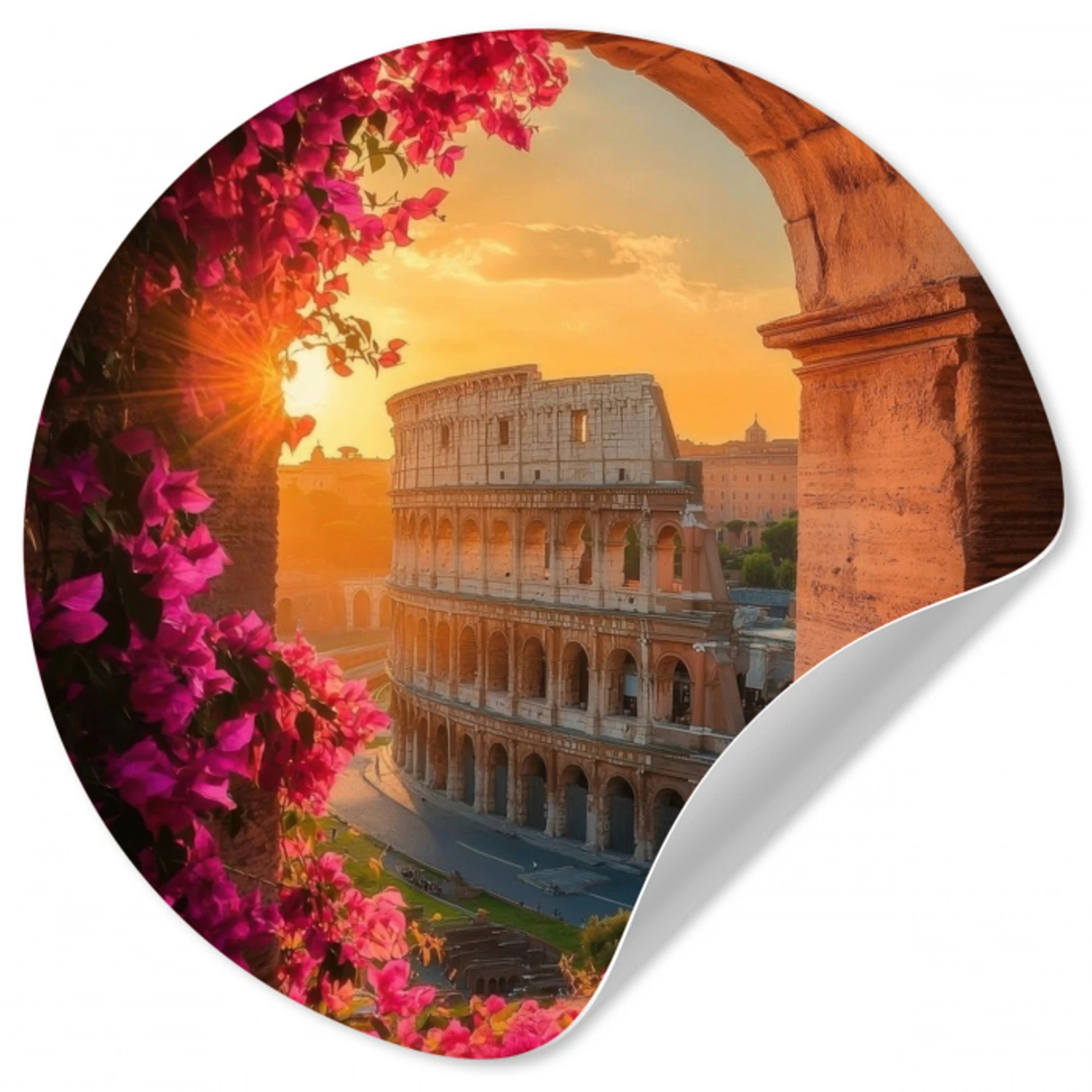 Colosseum - Rome - Roze Bloemen Wandcirkel behangsticker klein -3d