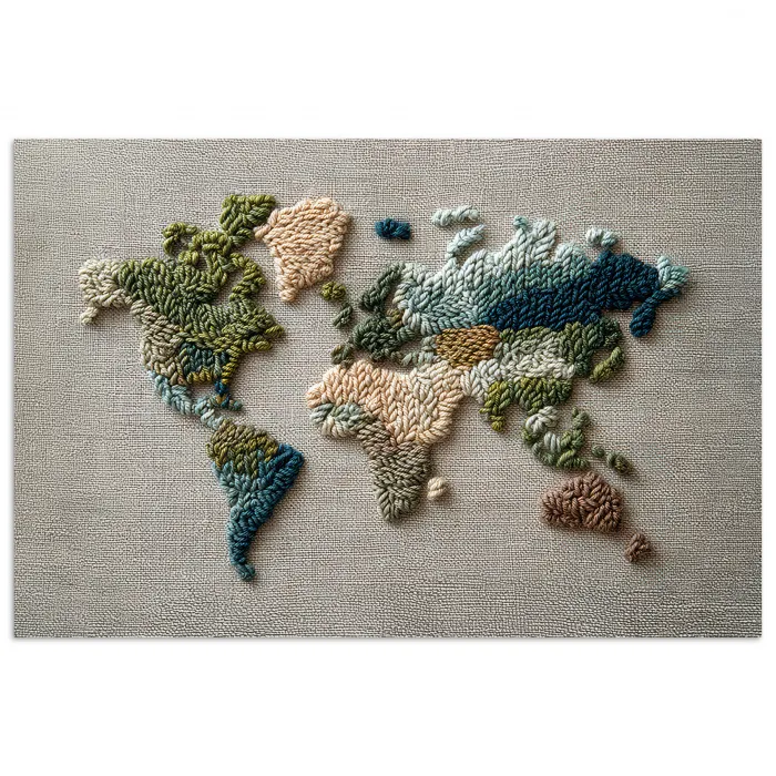 Wereldkaart - Geborduurd - Aardetinten poster papier klein -3d