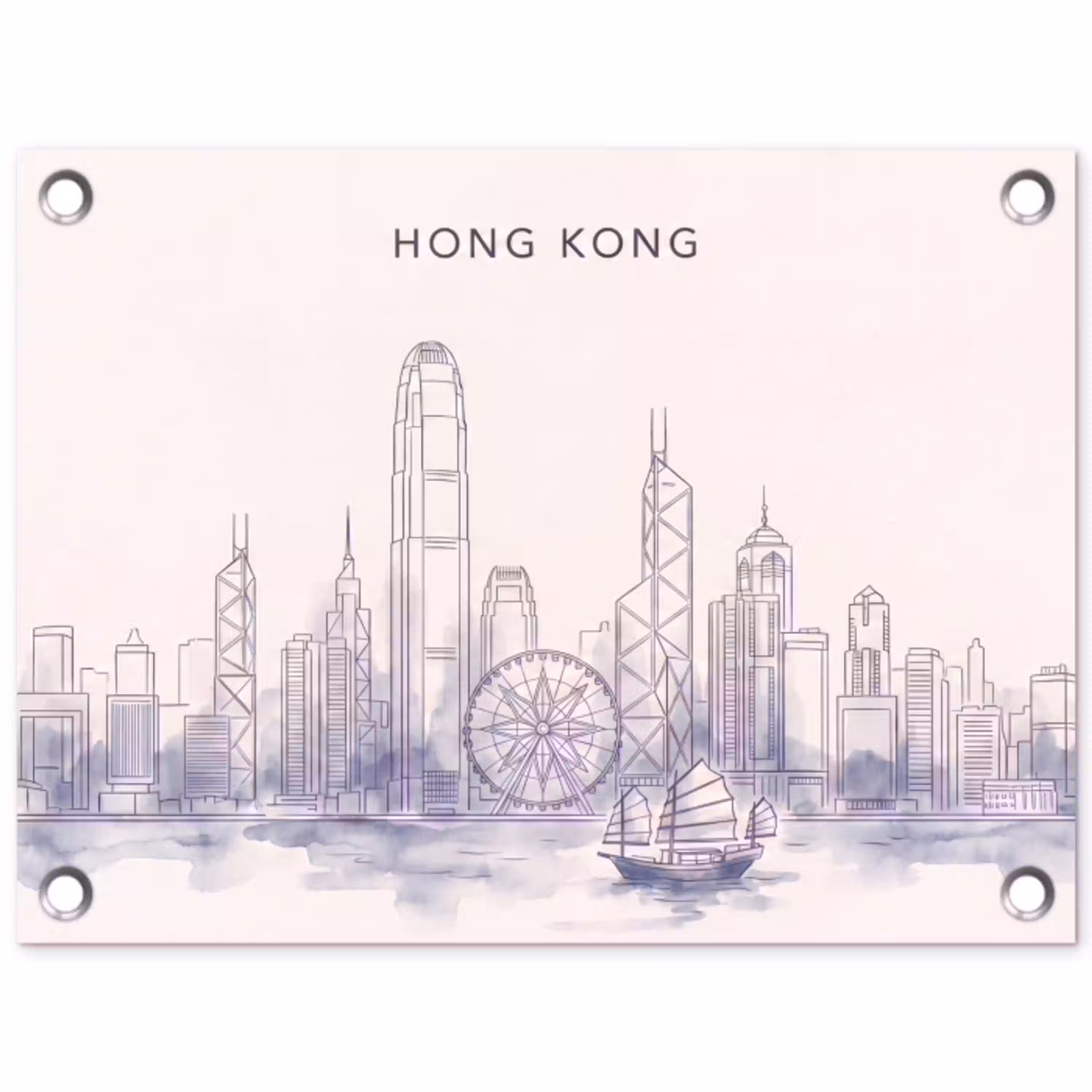 Stad - Skyline - Water - Lijntekening - Blauw tuinposter los doek klein -3d