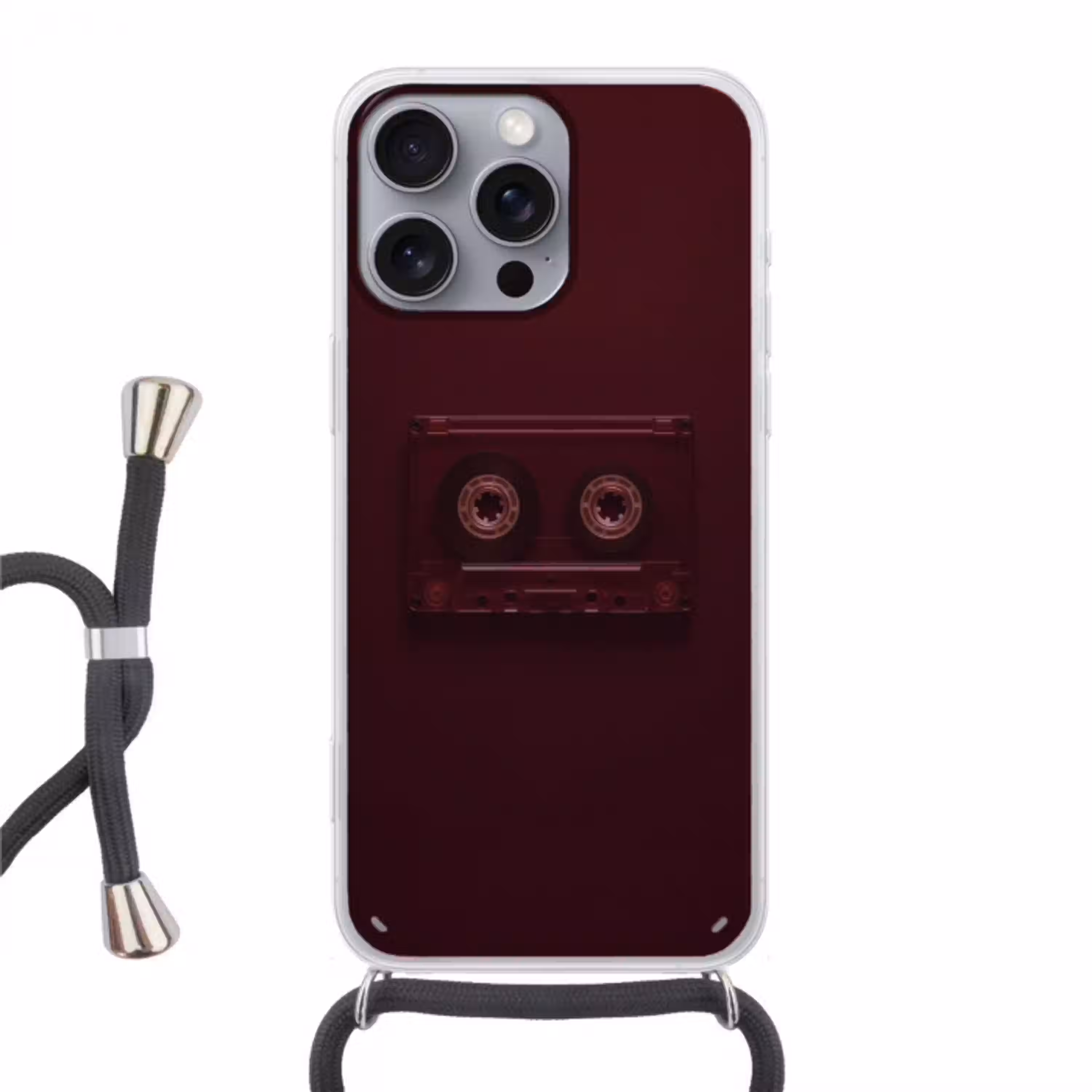Cassetteband - Bordeaux - Vintage Hoesje iPhone 16 Pro Max met koord klein -3d