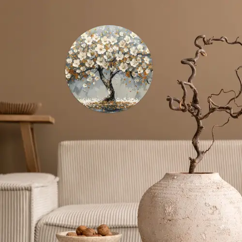 Boom - Bloemen - Wit - Natuur - Kunst Wandcirkel behangsticker klein -sfeer1