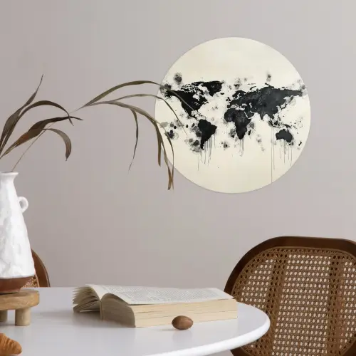 Wereldkaart - Zwart - Inkt Wandcirkel behangsticker klein -sfeer3