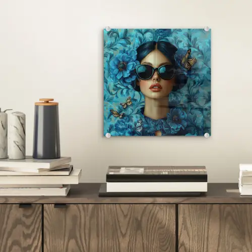 Vrouw - Bloemen - Vlinders - Blauw - Abstract plexiglas 5mm klein -sfeer1
