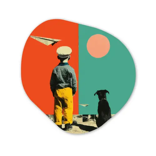 Retro - Jongen - Hond - Rood - Groen Wandcirkel Organisch Forex 3mm klein -3d