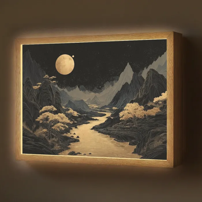 Gouden rivier - Bergen - Maan - Sterrenhemel Light Box met batterij (Wandlamp) middel -z3d_website