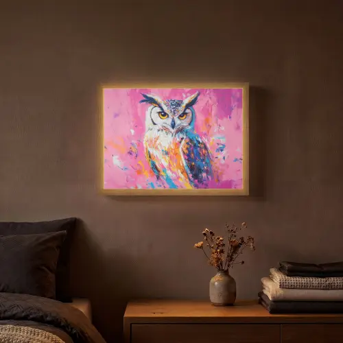 Uil - Roze - Blauw - Verf - Abstract Light Box met batterij (Wandlamp) middel -sfeer4