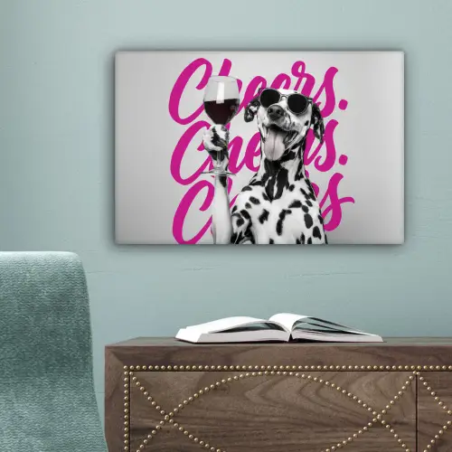 Cheers - Hond - Roze - Wijn canvas 2cm klein -sfeer4
