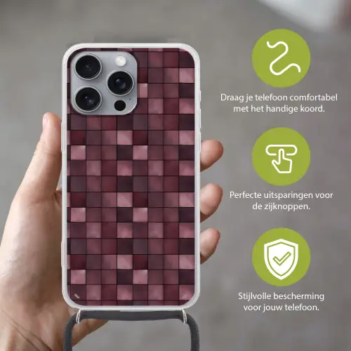 Vierkant - Tegel - Patroon - Paars Hoesje iPhone 16 Pro Max met koord klein 804 -sfeer2_NL