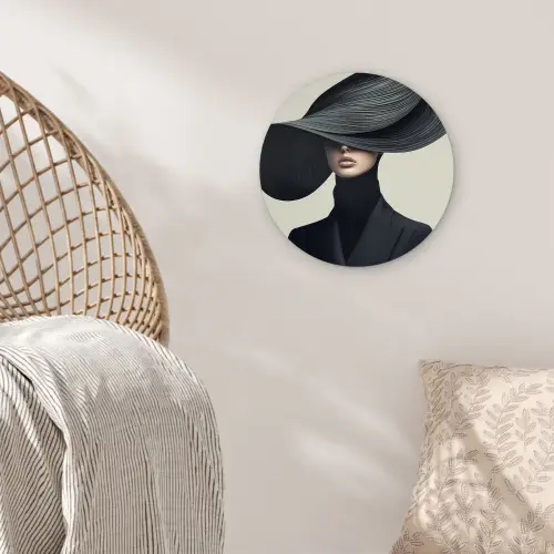 Zwart - Vrouw - Hoed Wandcirkel plexiglas klein -sfeer5