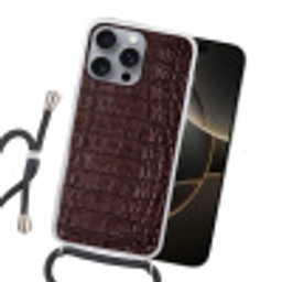 Krokodil - Leer - Bruin Hoesje iPhone 16 Pro Max met koord klein -sfeer1