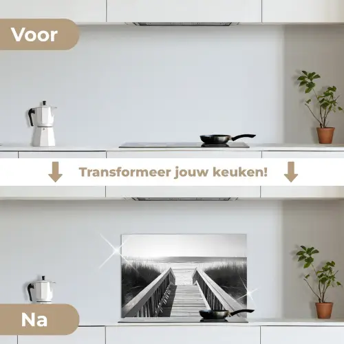 Loopbrug - Hout - Strand - Zee keuken achterwand spatscherm klein -voor_na_NL