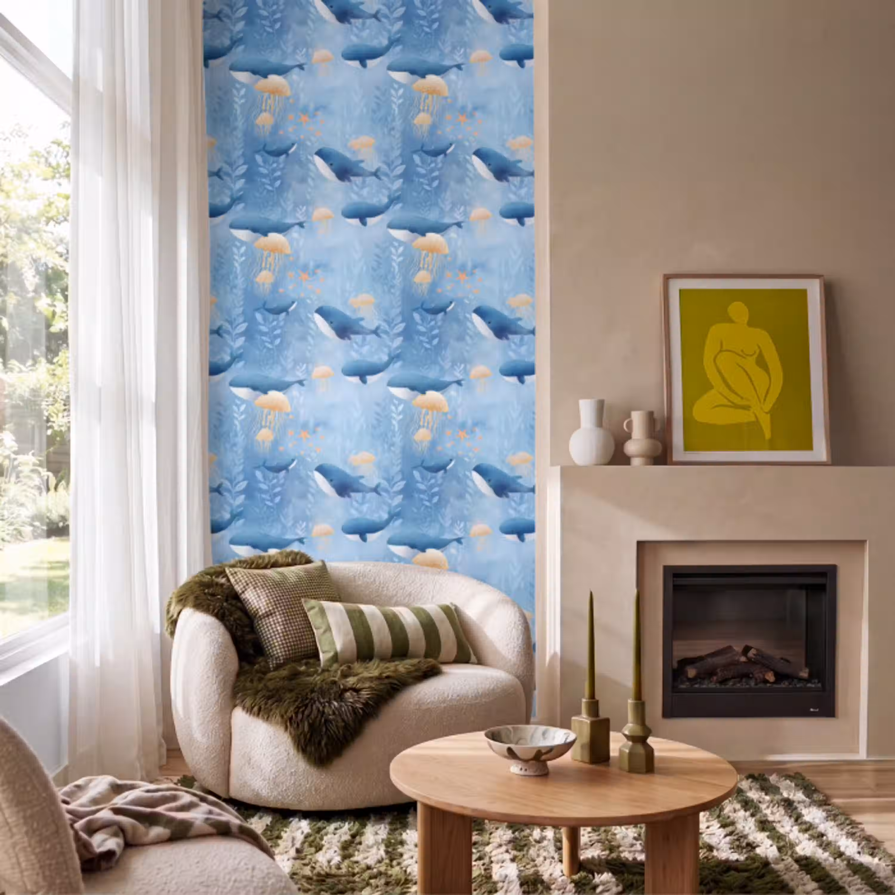 Walvissen - Oceaan - Blauw Behang Vlies klein 1076 -sfeer2