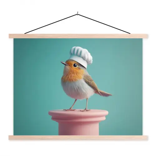 Roodborstje - Vogel - Koksmuts - Sokkel textielposter latten blank klein -3d