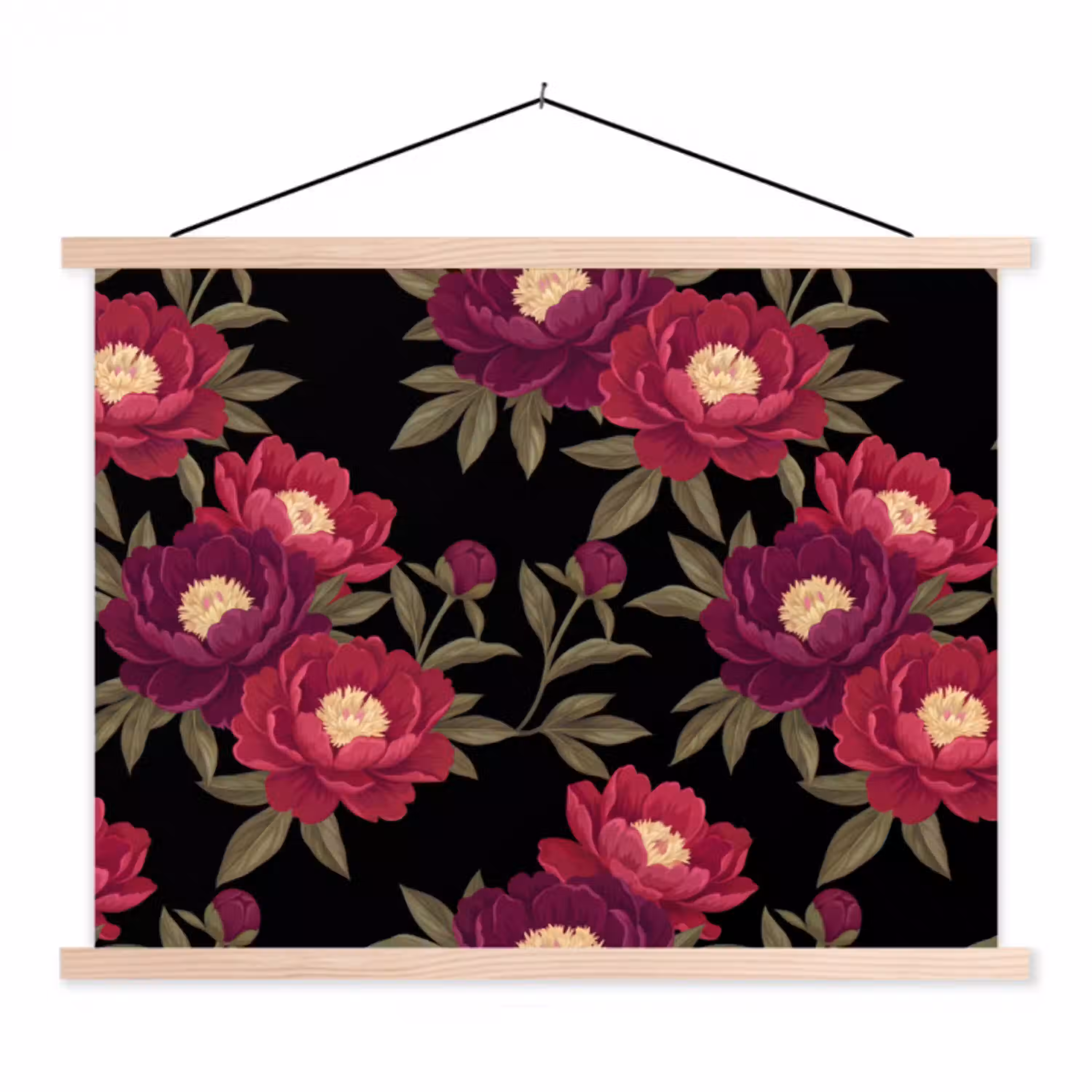 Bloemen - Patroon - Botanisch - Rood - Zwart textielposter latten blank klein -3d
