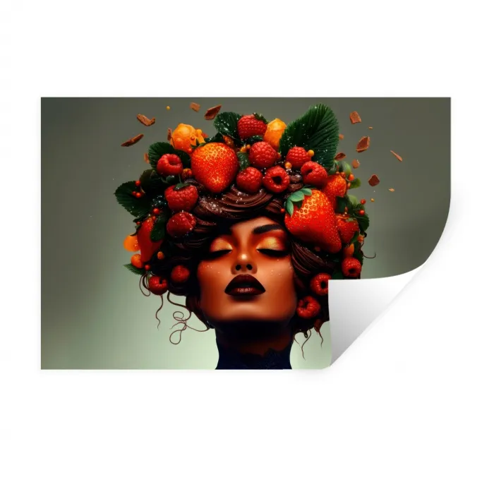 Vrouw - Chocolade - Frambozen - Aardbeien - Koekjes Muursticker klein -3d