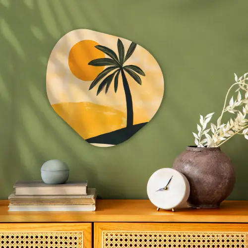Illustratie - Palmboom - Zon - Heuvels Wandcirkel Organisch Forex 3mm klein -sfeer2