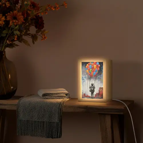 Jongen - Ballonnen - Gebouwen - Kunst Light Box met kabel (Tafellamp) klein -sfeer4