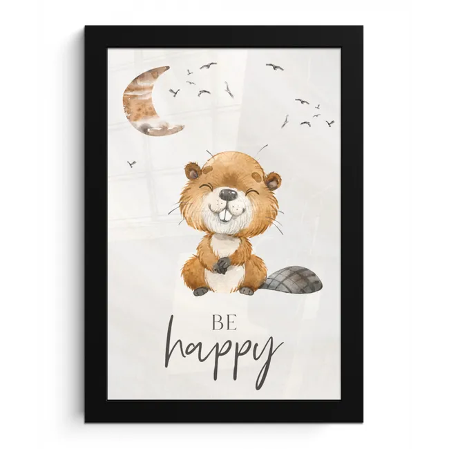 Quotes - Be happy - Kinderen - Maan - Bever - Waterverf fotolijst zwart zonder passe partout klein -3d