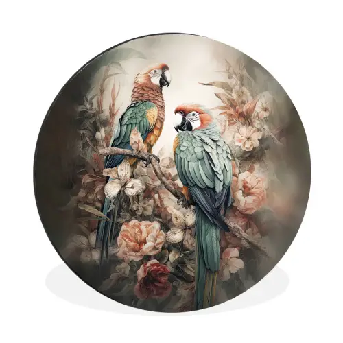 Papegaaien - Vogels - Natuur - Bloemen Wandcirkel aluminium klein -3d