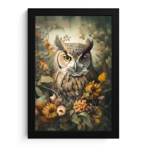 Uil - Vogels - Bloemen - Natuur fotolijst zwart zonder passe partout klein -3d