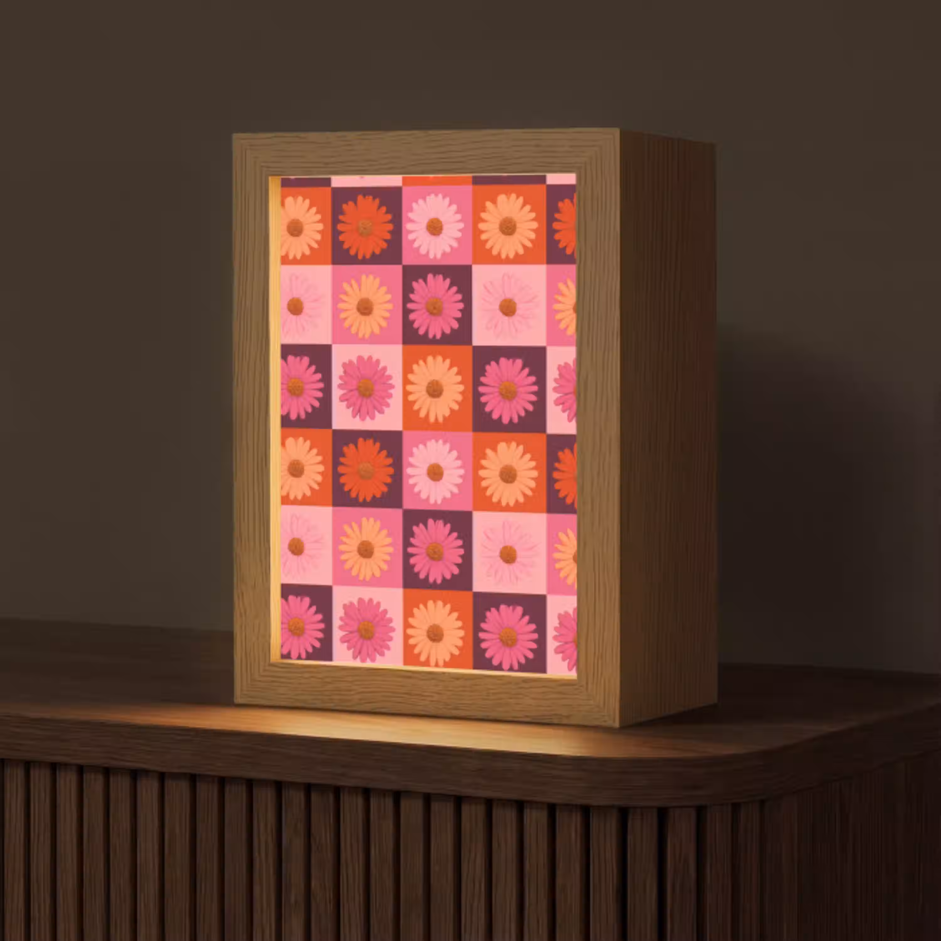 Madeliefjes - Dambord - Retro - Roze - Oranje Light Box met kabel (Tafellamp) klein 925 -z3d_website