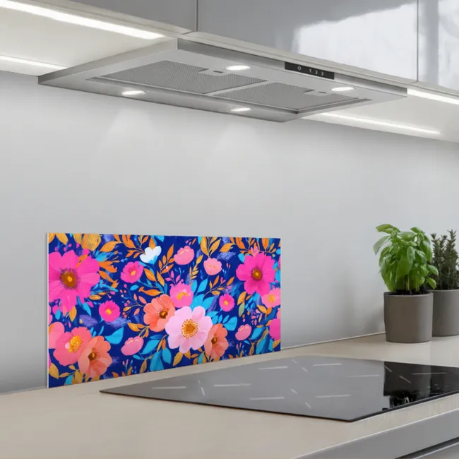 Bloemen - Blauw - Roze keuken achterwand spatscherm klein -3d_schuin