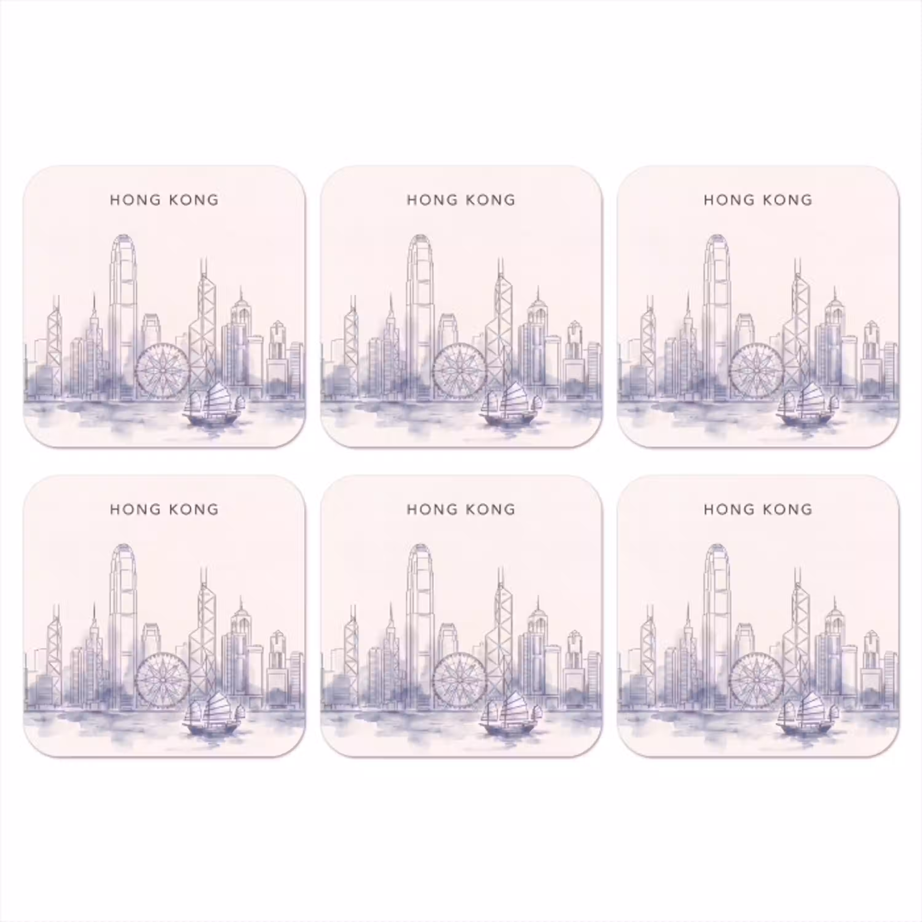 Stad - Skyline - Water - Lijntekening - Blauw onderzetter kurk middel -3d