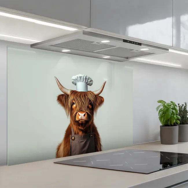 Spatscherm keuken - Schotse Hooglander - Bruin - Hoorns - Kokskleding