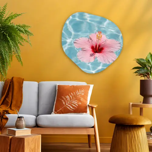 Hibiscus - Water - Roze Wandcirkel Organisch Aluminium middel -sfeer4