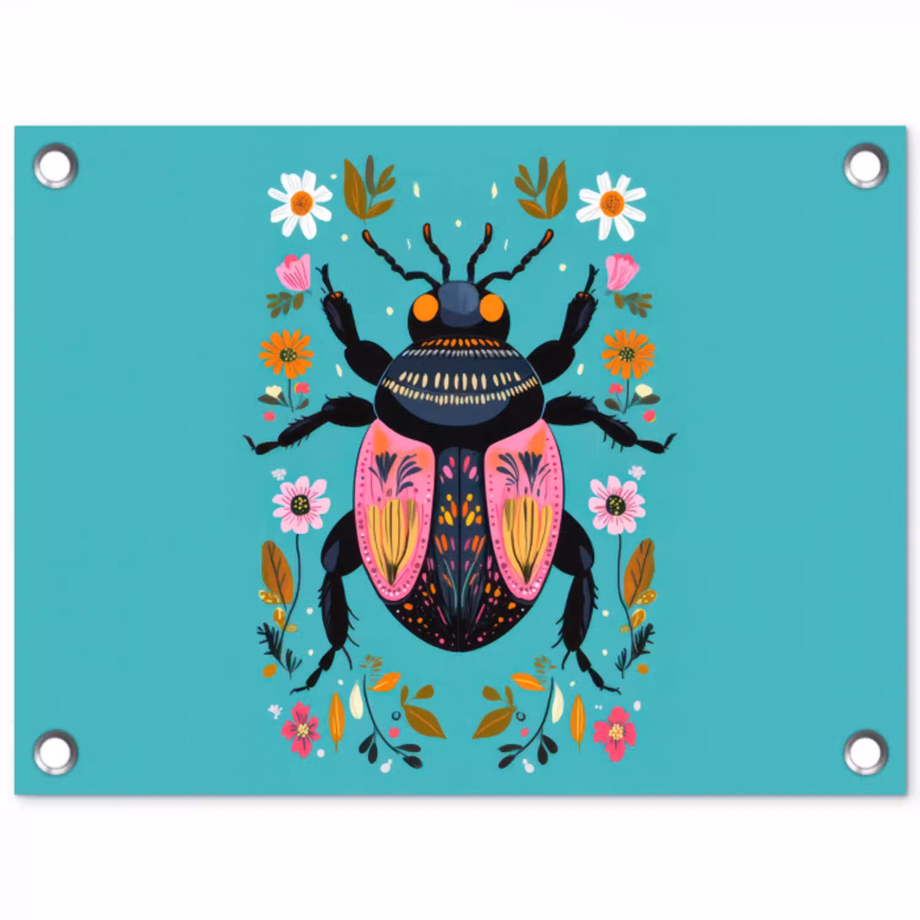 Kever - Bloemmotieven - Turquoise - Bladeren tuinposter los doek klein -3d