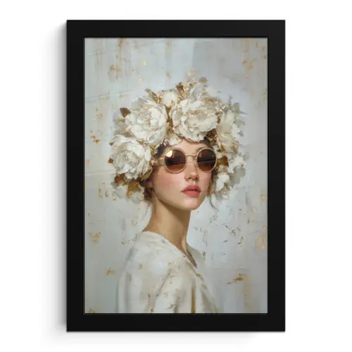 Schilderij - Vrouw - Zonnebril - Bloemenkrans fotolijst zwart zonder passe partout klein -3d