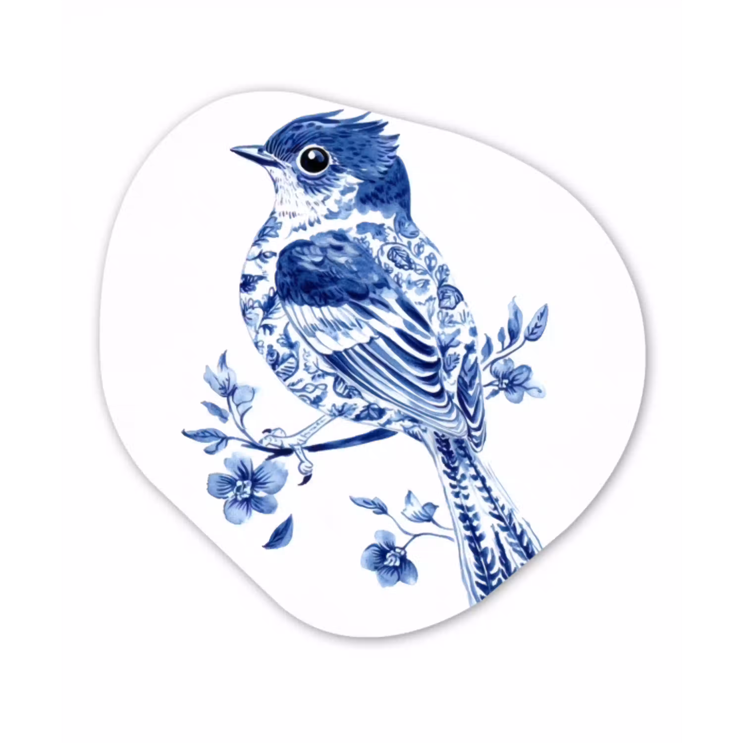 Vogel - Delfts blauw - Illustratie - Bloemen Wandcirkel Organisch Forex 3mm klein -3d