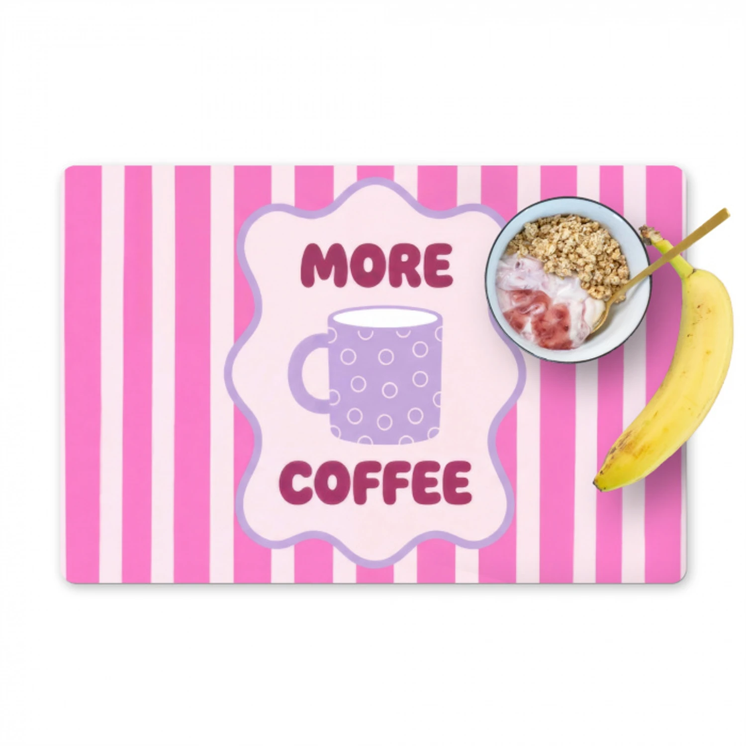 More coffee - Roze - Paars - Strepen - Mok Placemat vinyl groot -zzzproduct_Kitchenyeah-website