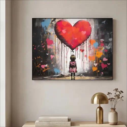 Meisje - Hart - Graffiti - Kunst - Kleuren - Rood Textielframe zwart klein -sfeer2