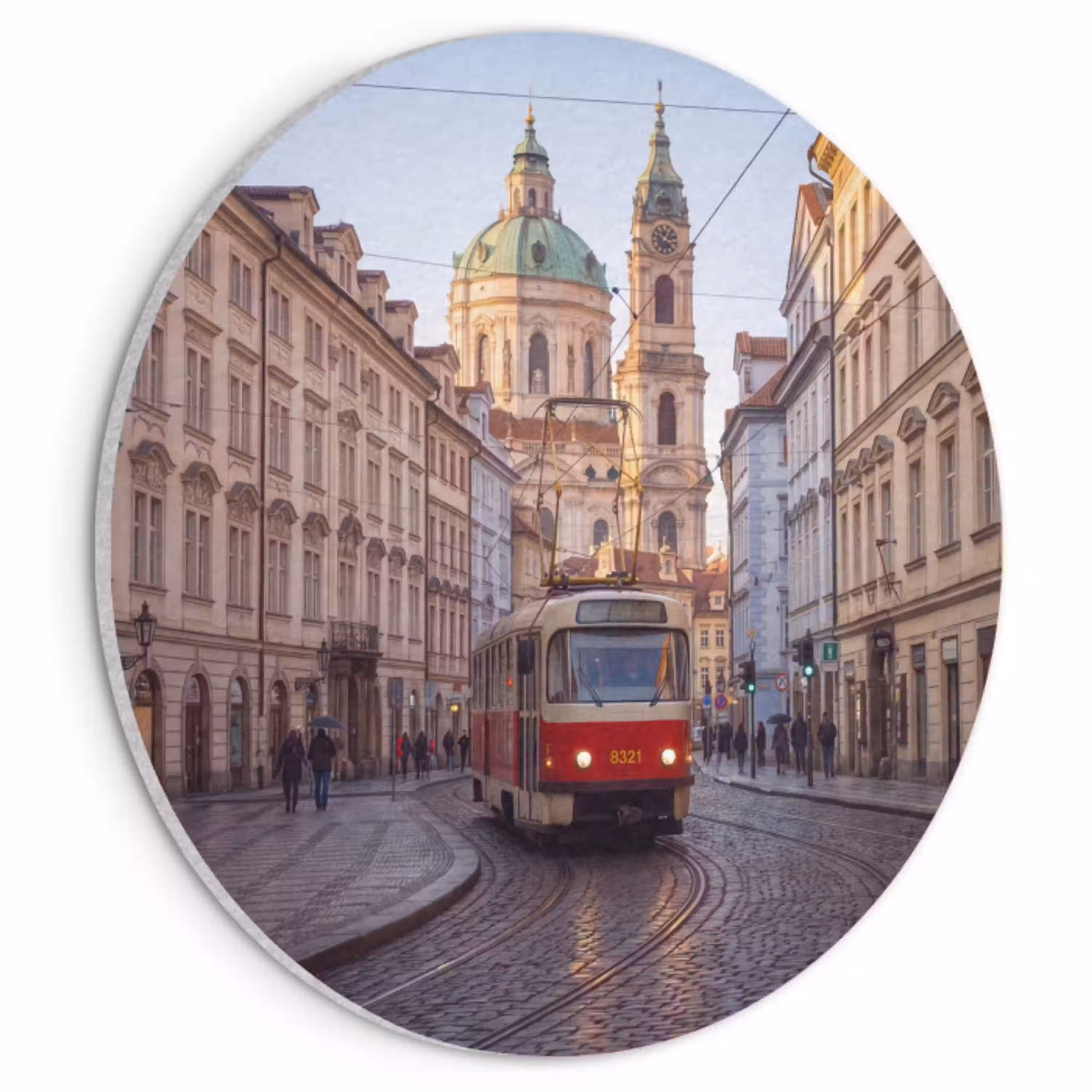 Tram - Straat - Stadsgezicht - Klassiek - Rood Akoestische PET Vilt - Rond klein -3d