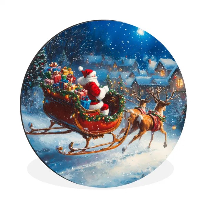 Kerstman - Rendier - Kerst - Sneeuw Wandcirkel aluminium klein -3d
