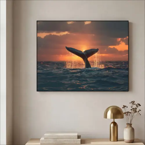 Walvis staart - Water - Zonsondergang Textielframe zwart klein -sfeer2