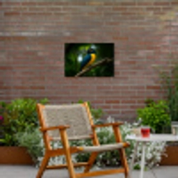 Vogel - Tak - Geel - Bladeren Tuinposter op houten frame 2 cm dik klein -sfeer3