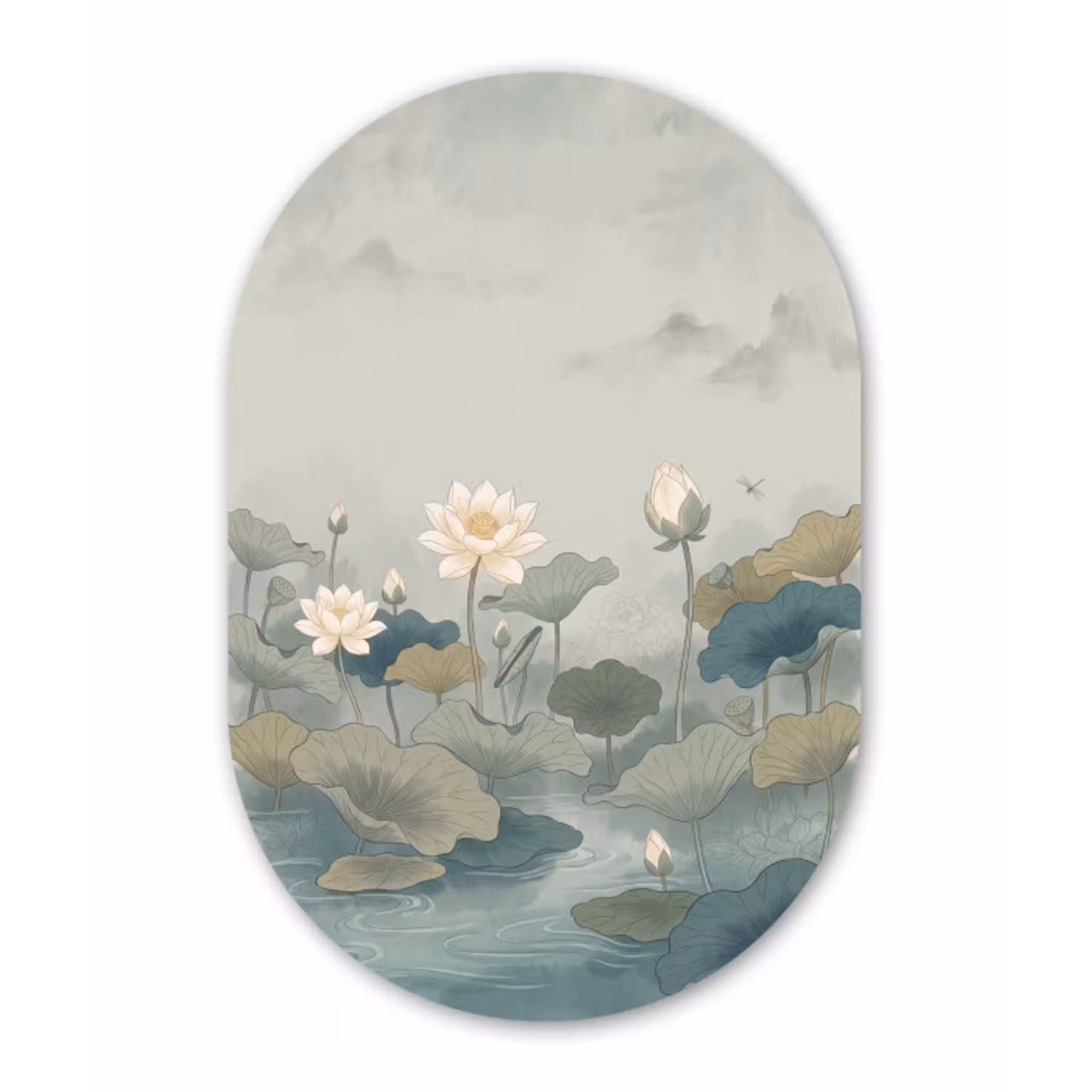 Lotus - Bloemen - Groen Wandcirkel Ovaal Aluminium middel -3d