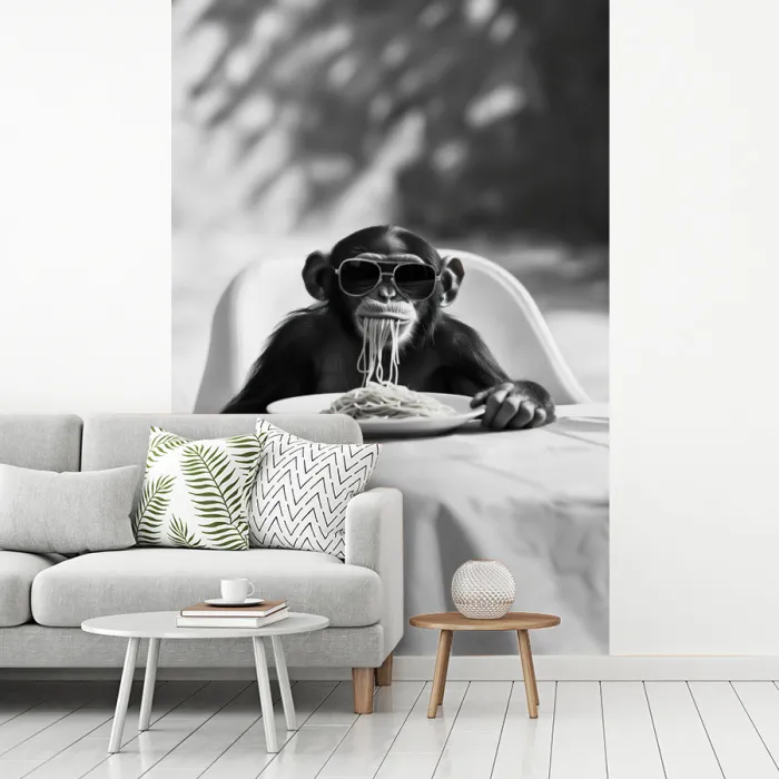 Aap - Spaghetti - Zonnebril - Zwart wit - Cool - Dier fotobehang vinyl groot -woonkamer