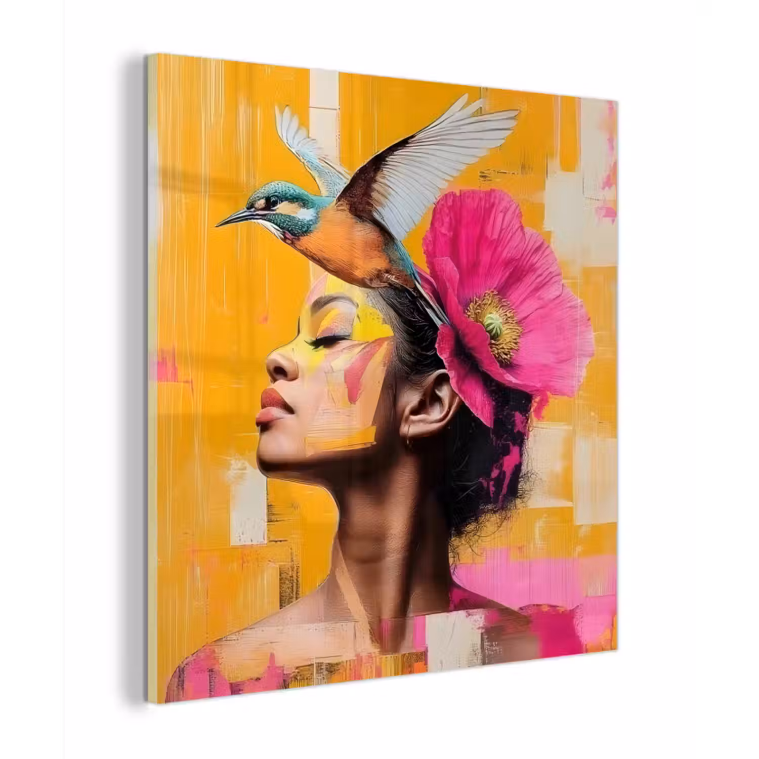 Glas schilderij - Vogel - Vrouw - Abstract - Bloem