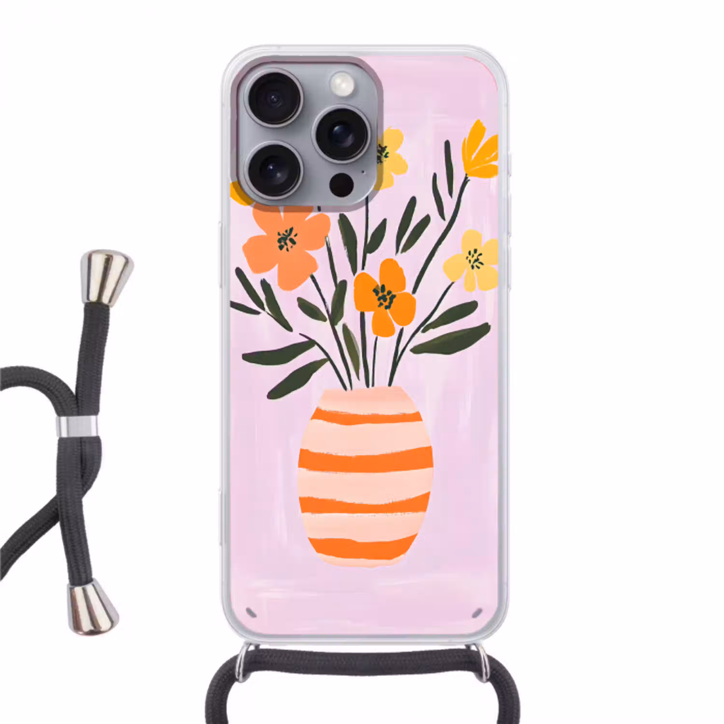 Vaas - Gestreept - Bloemen - Oranje Hoesje iPhone 16 Pro Max met koord klein -3d
